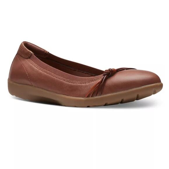 CLARKS Meadow Rae Knot-Trim Comfort Ballerina Flats Slip-On in Brown Leather 10W - Picture 2 of 13